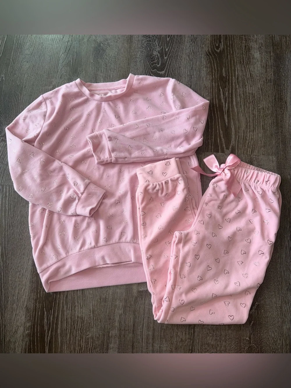 Sleep On It Girls Pink Fleece Foil Heart Pajama Set Size L 14/16